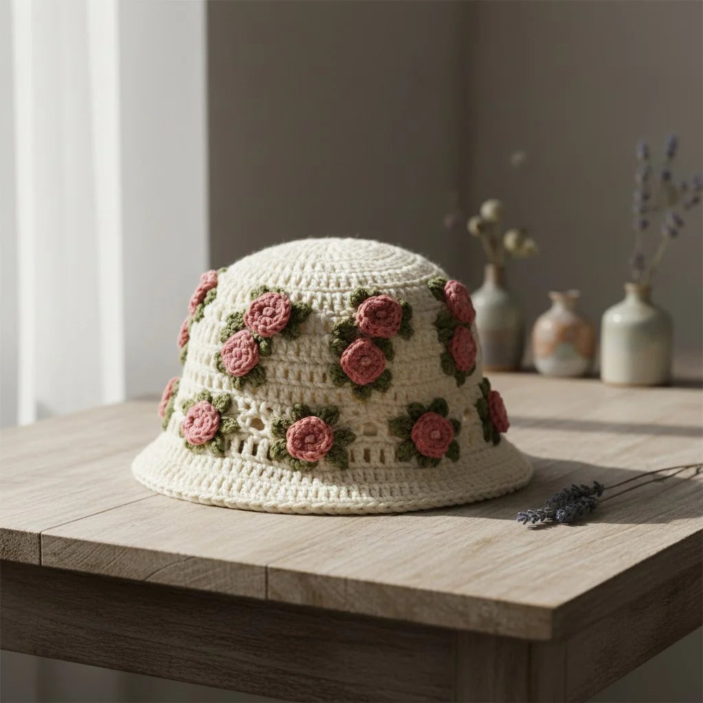 floral crochet bucket hat boho rose summer hat women