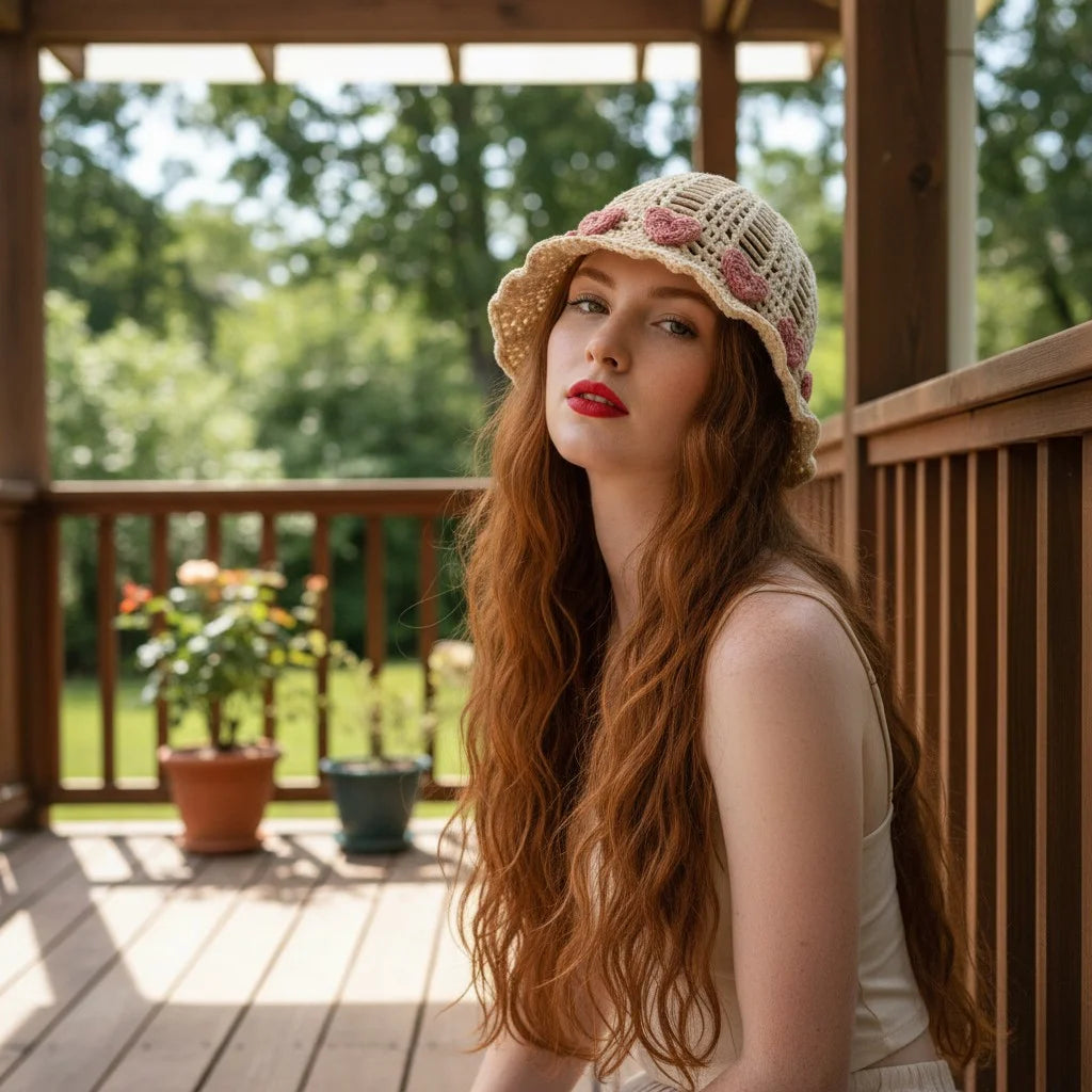 heart crochet bucket hat cute boho summer cap