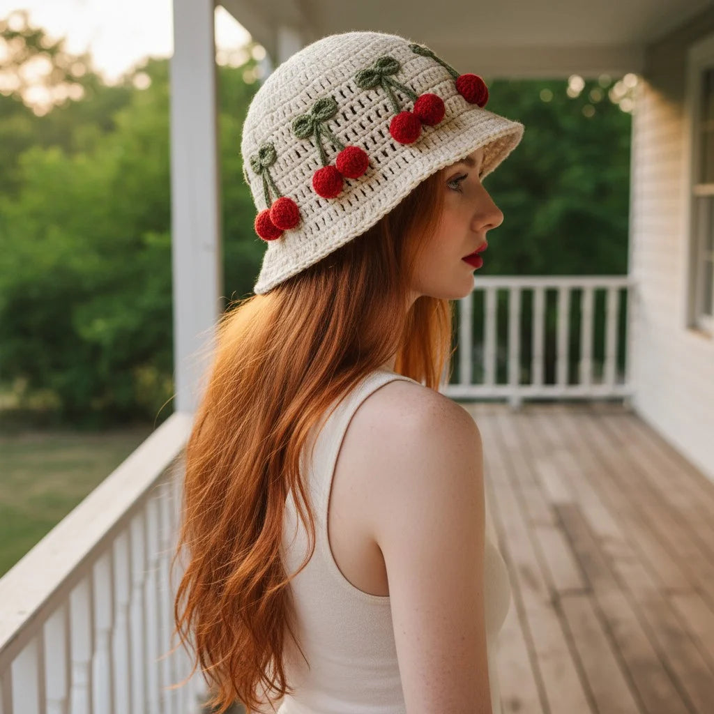 cherry crochet bucket hat cute boho summer cap