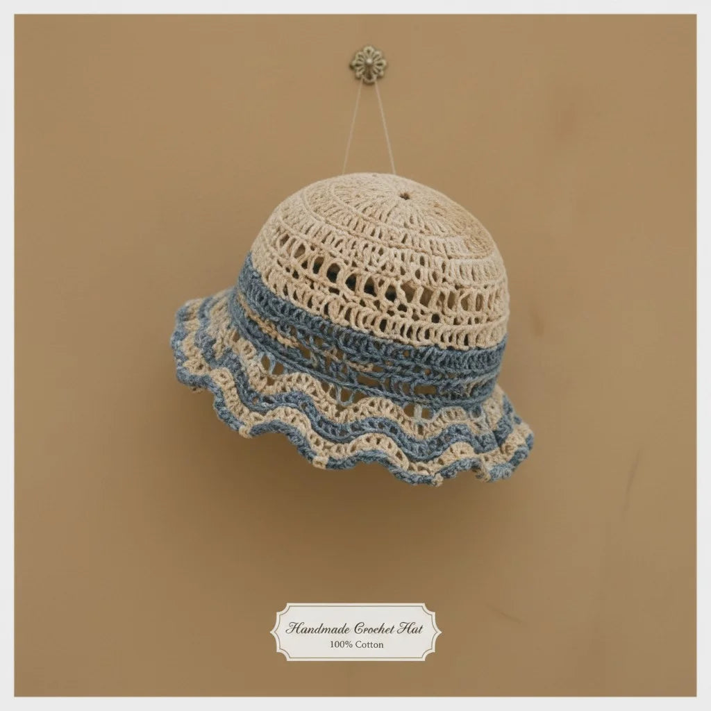 blue ruffle crochet bucket hat boho summer crochet cap
