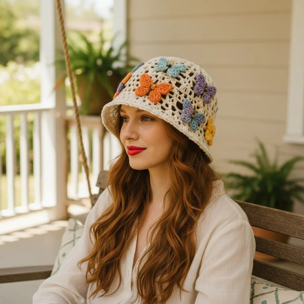 butterfly crochet bucket hat boho summer cap women