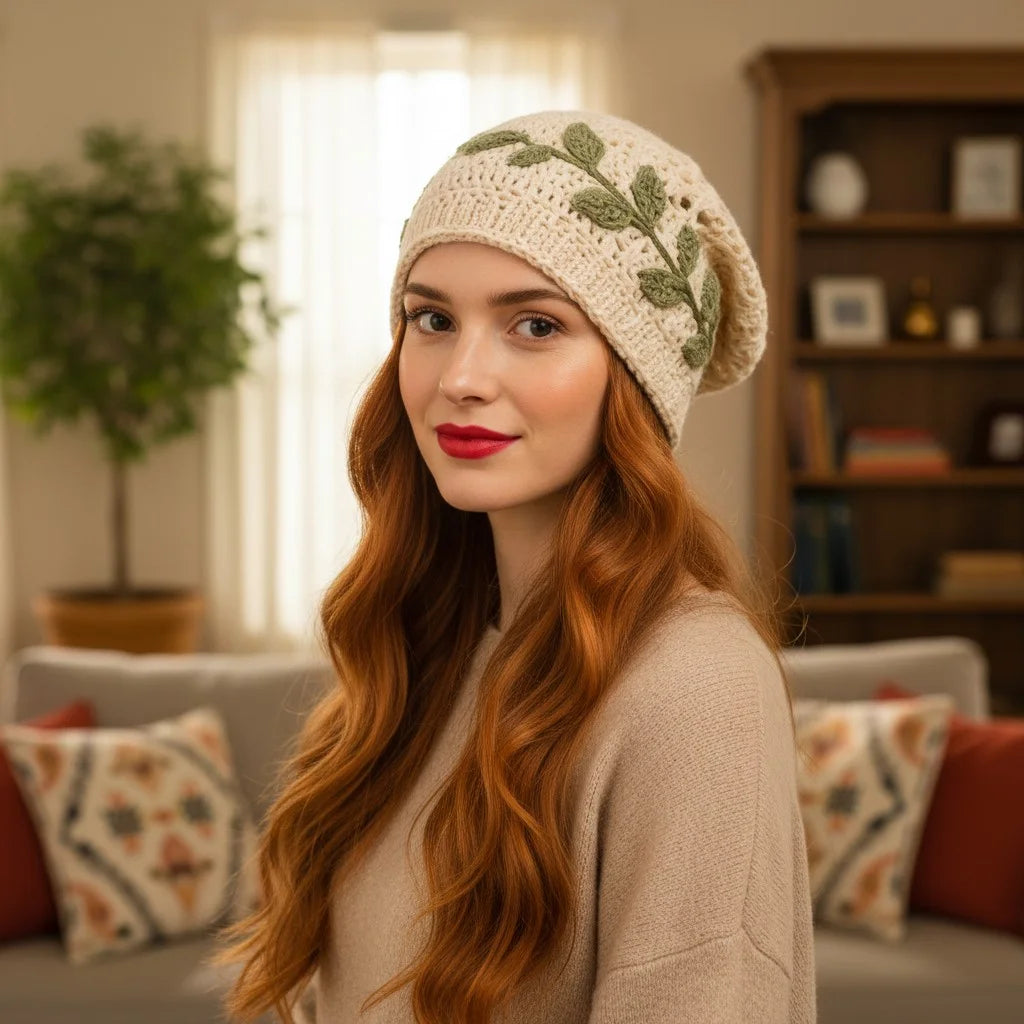 leaf crochet slouchy beanie boho knit winter hat women