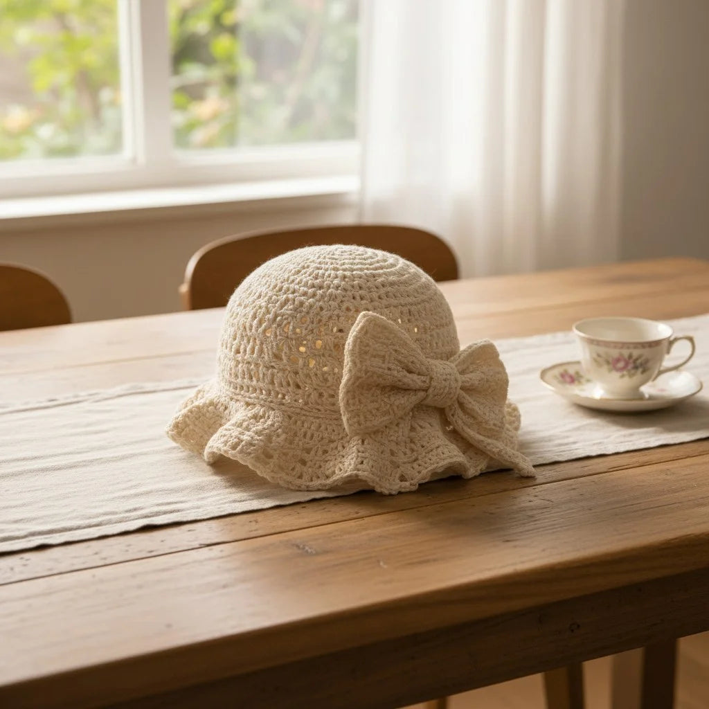 cream crochet bow bucket hat coquette summer crochet hat