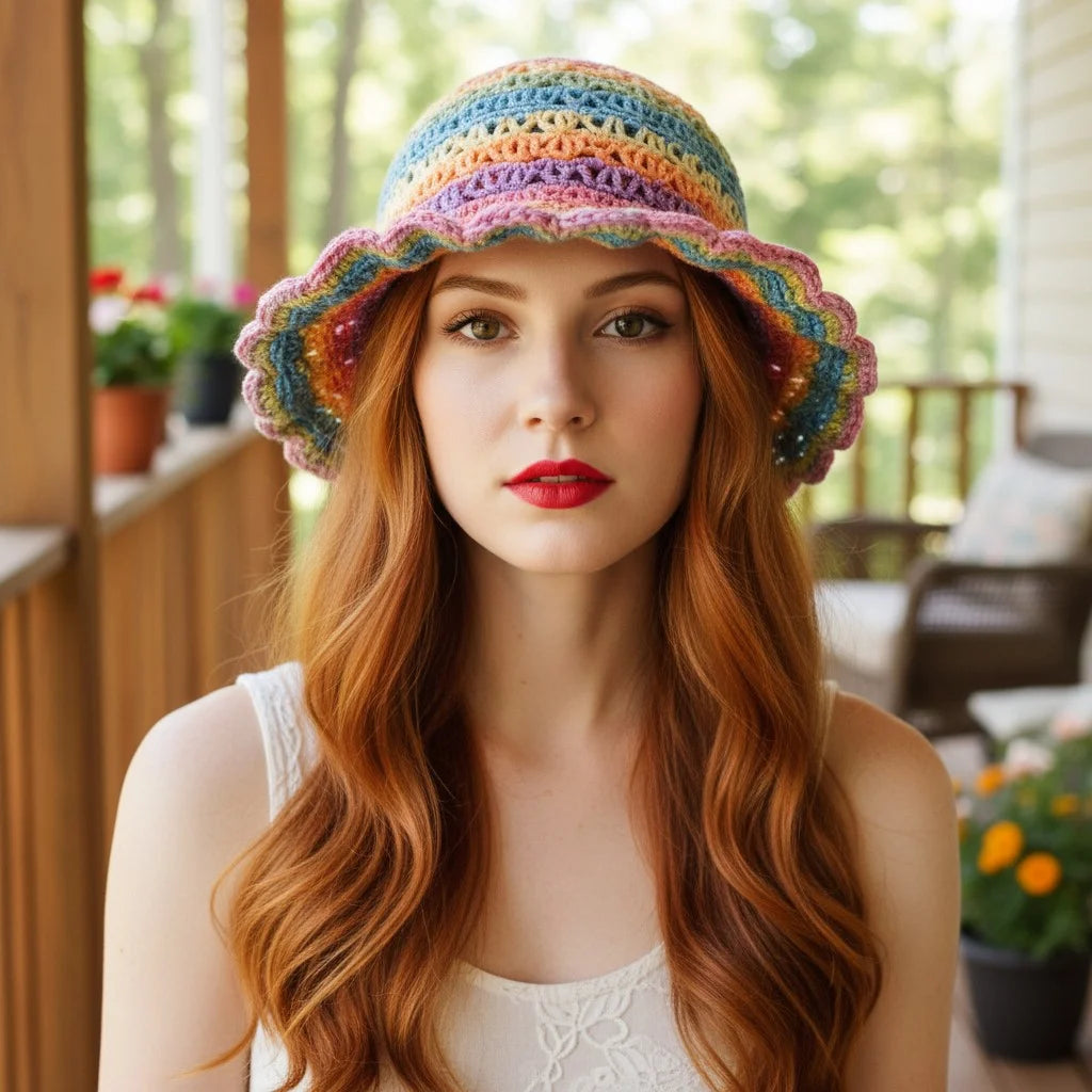 pastel crochet bucket hat boho rainbow summer hat