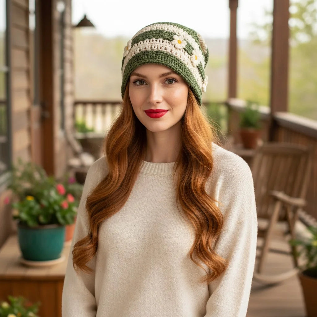 green crochet daisy beanie hat boho slouchy crochet cap