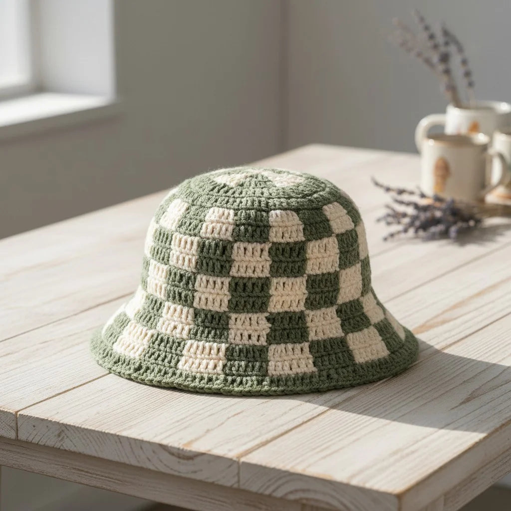 checkerboard crochet bucket hat handmade boho cap