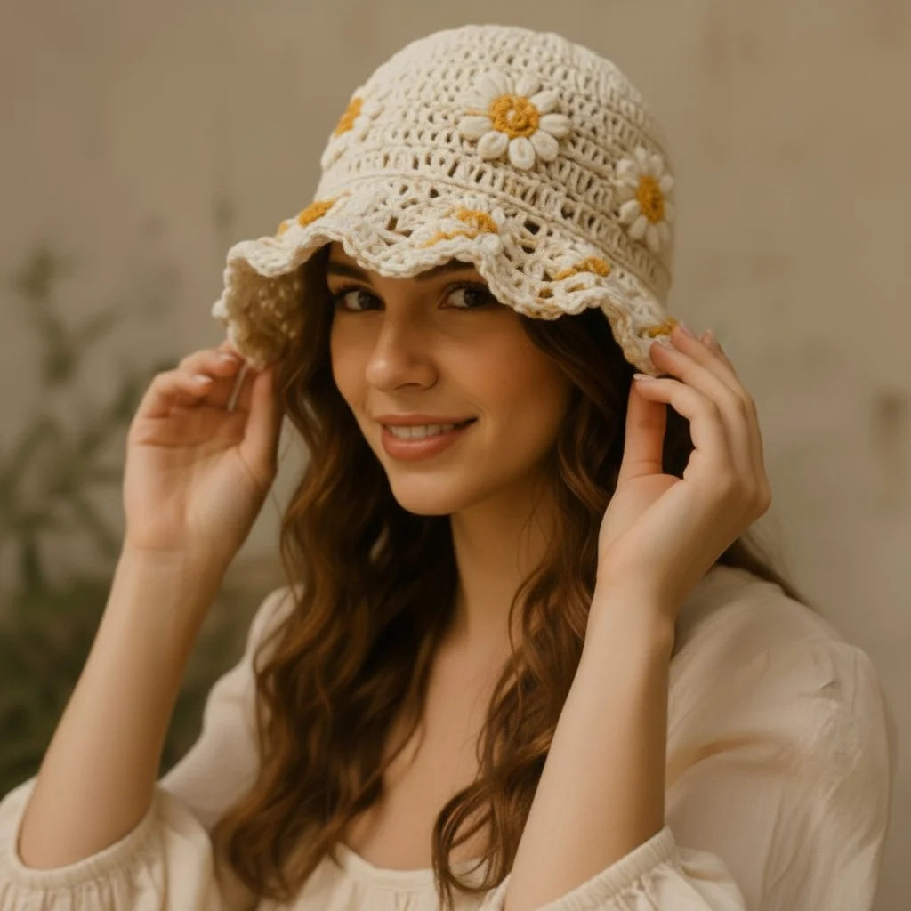 daisy crochet bucket hat boho floral summer hat women