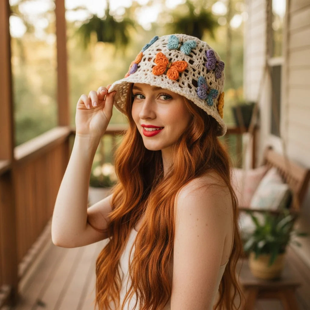 butterfly crochet bucket hat boho summer cap women