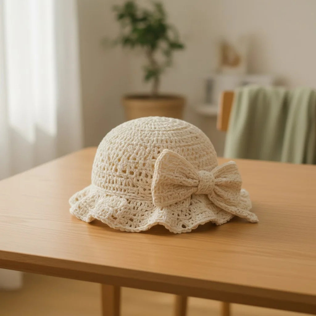 cream crochet bow bucket hat coquette summer crochet hat