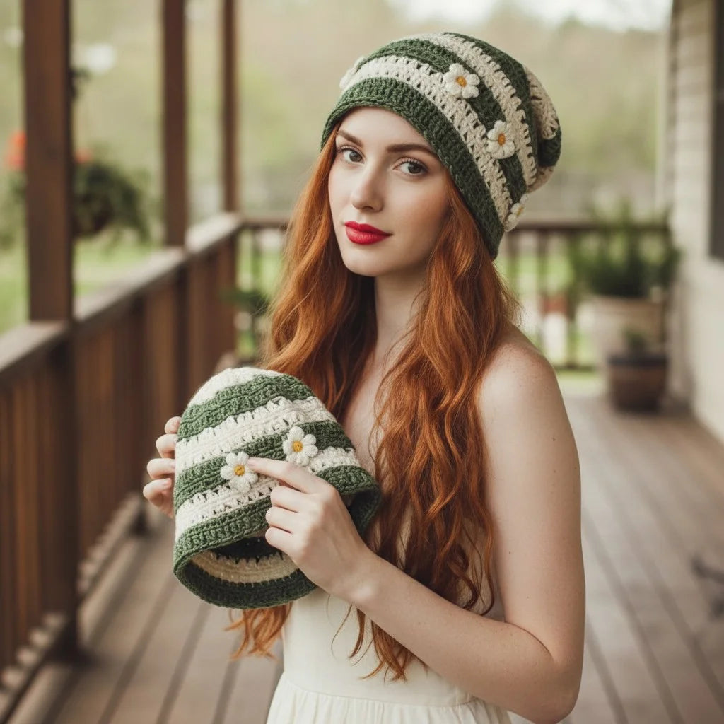 green crochet daisy beanie hat boho slouchy crochet cap