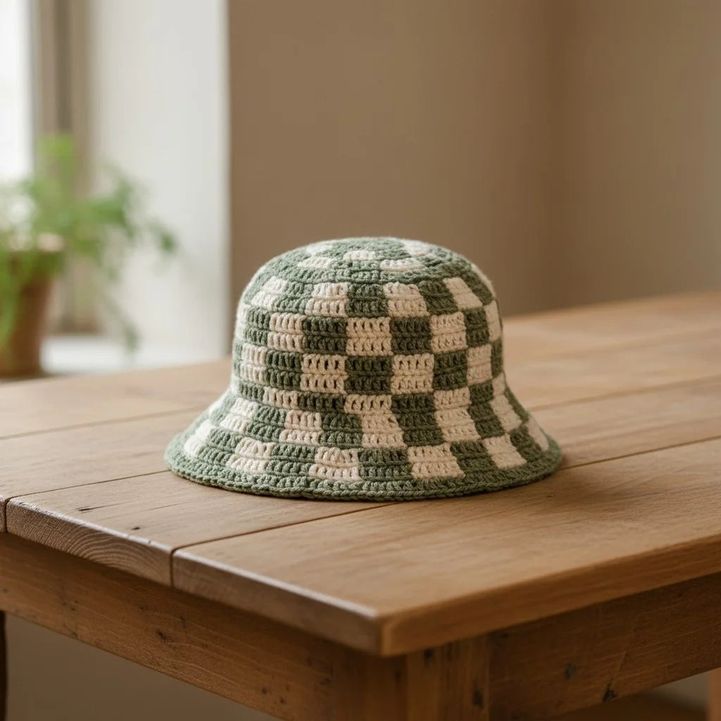 checkerboard crochet bucket hat handmade boho cap