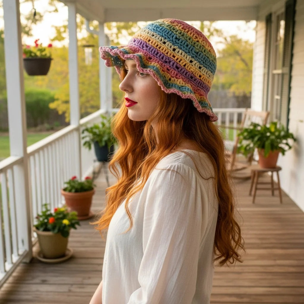 pastel crochet bucket hat boho rainbow summer hat