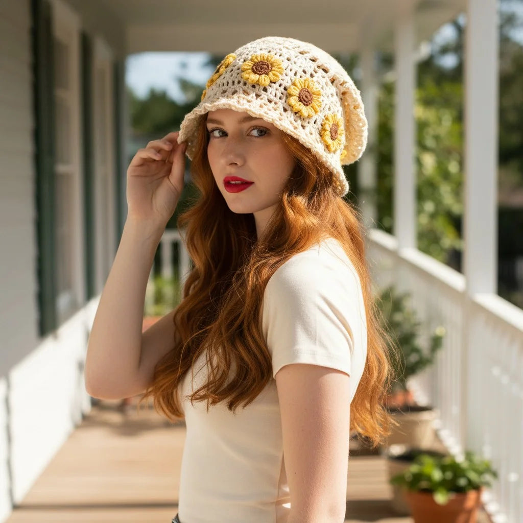 sunflower crochet slouch hat boho summer beanie