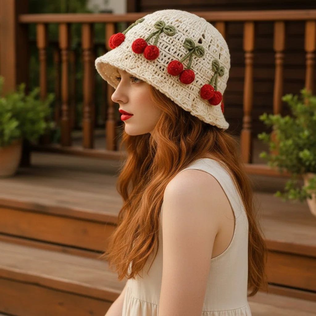 cherry crochet bucket hat cute boho summer cap