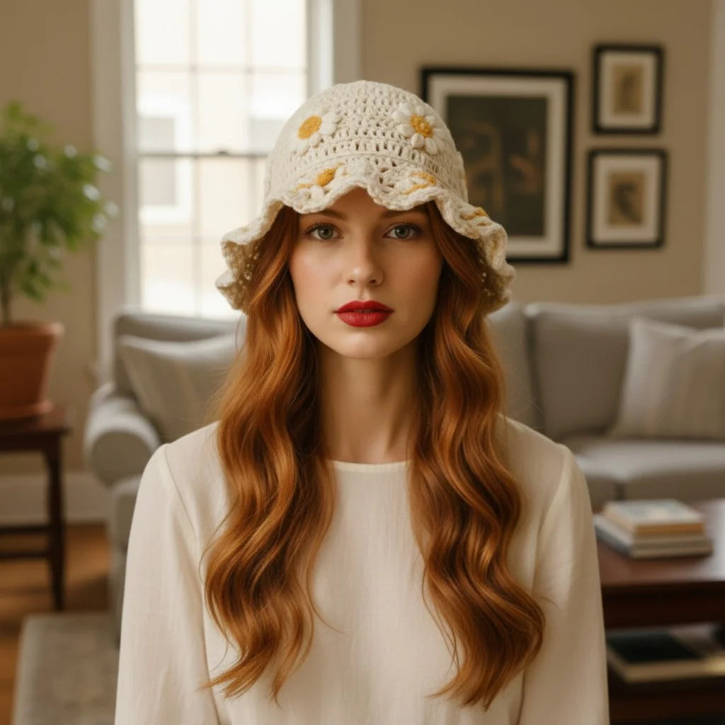 daisy crochet bucket hat boho floral summer hat women