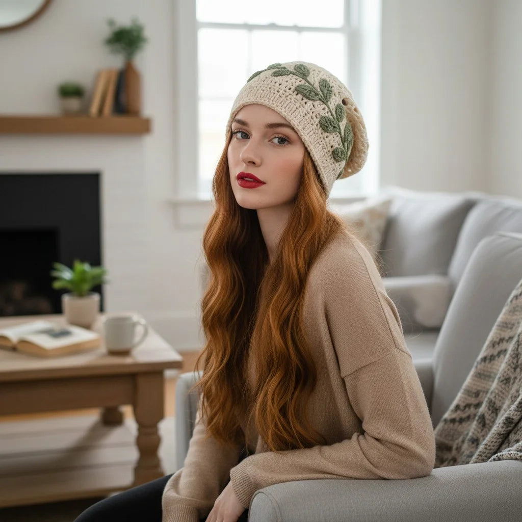 leaf crochet slouchy beanie boho knit winter hat women
