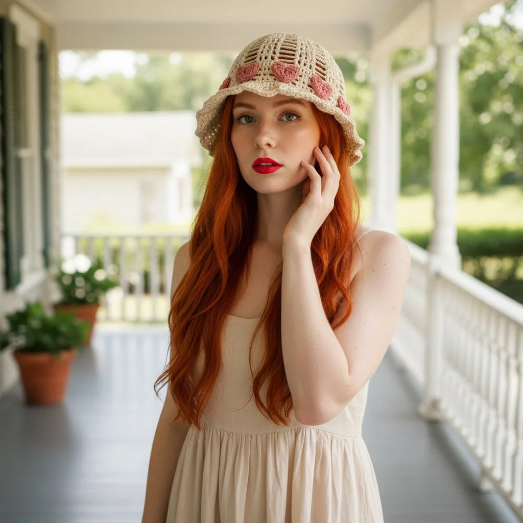 heart crochet bucket hat cute boho summer cap