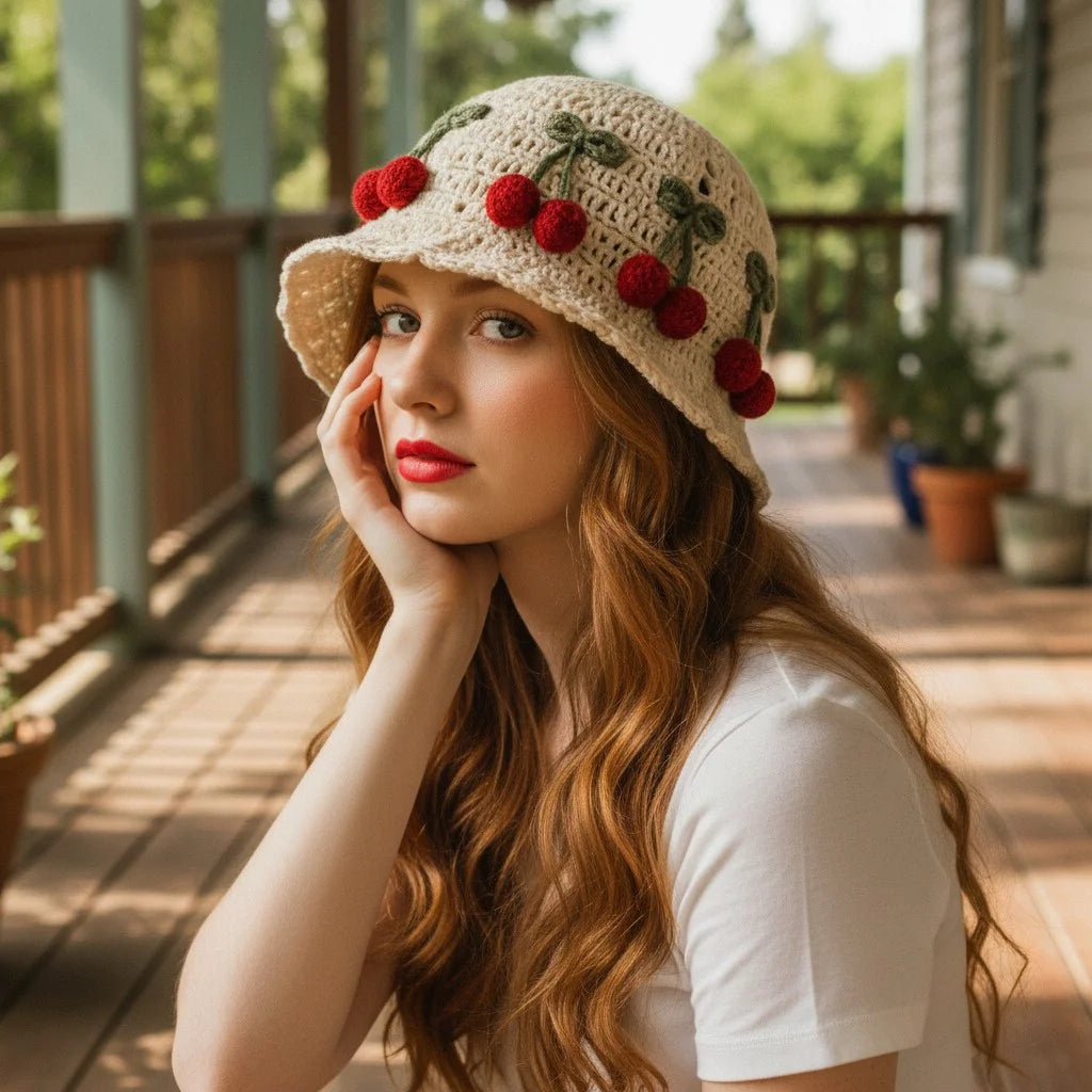 cherry crochet bucket hat cute boho summer cap