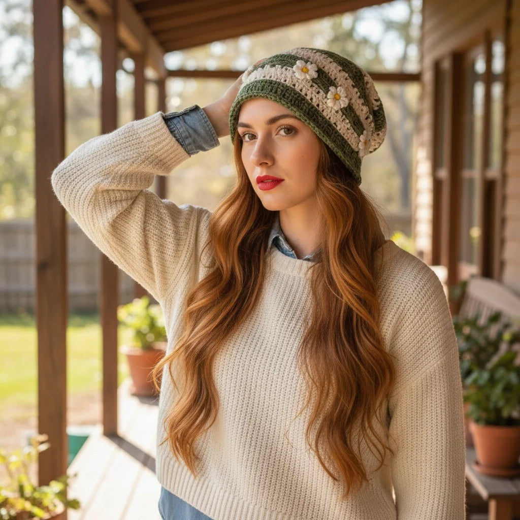 green crochet daisy beanie hat boho slouchy crochet cap