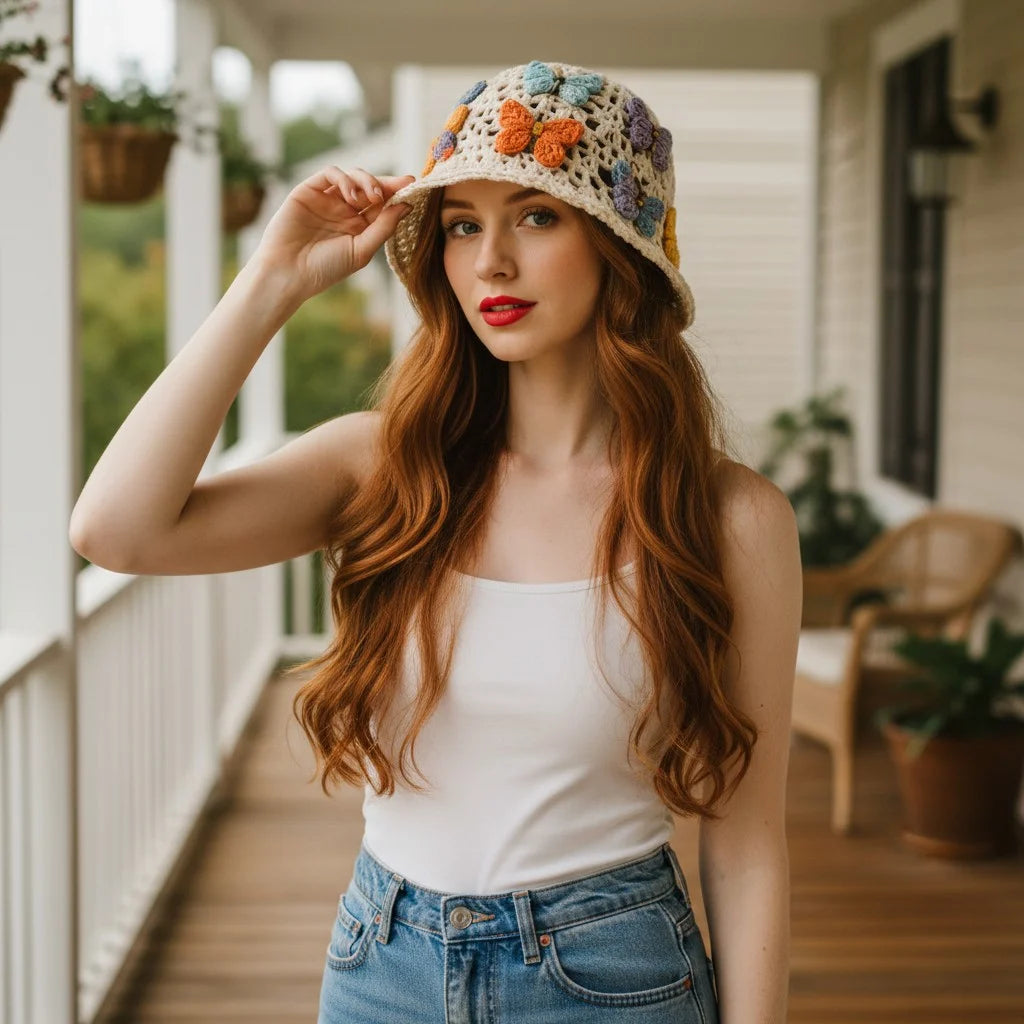 butterfly crochet bucket hat boho summer cap women