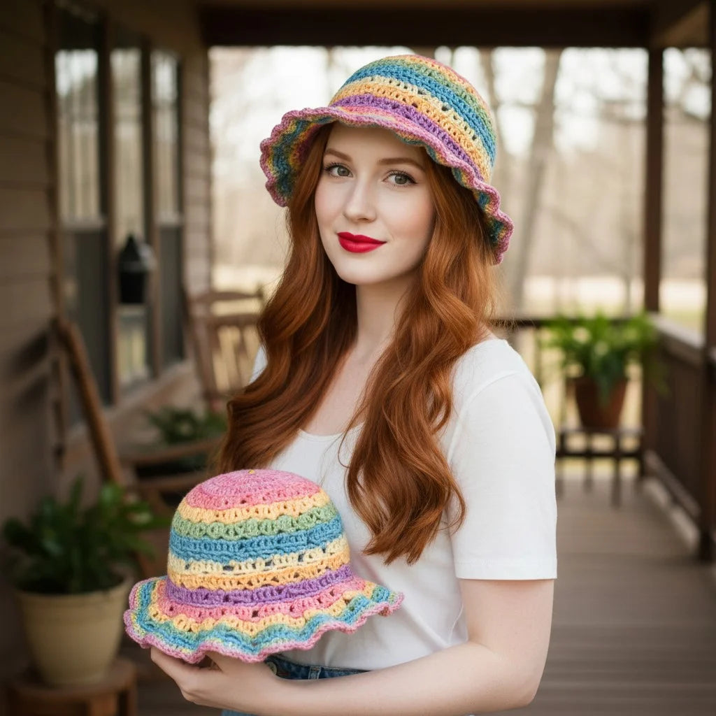 pastel crochet bucket hat boho rainbow summer hat
