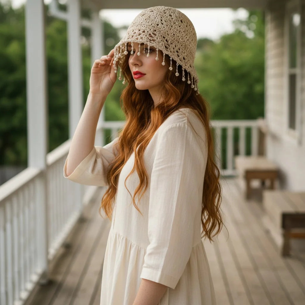 pearl crochet bucket hat elegant boho summer cap