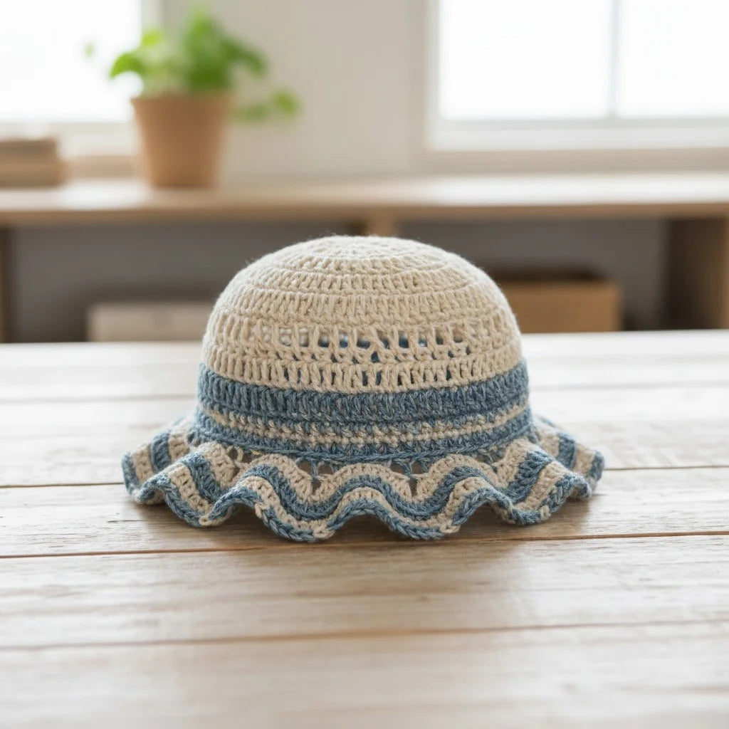 blue ruffle crochet bucket hat boho summer crochet cap