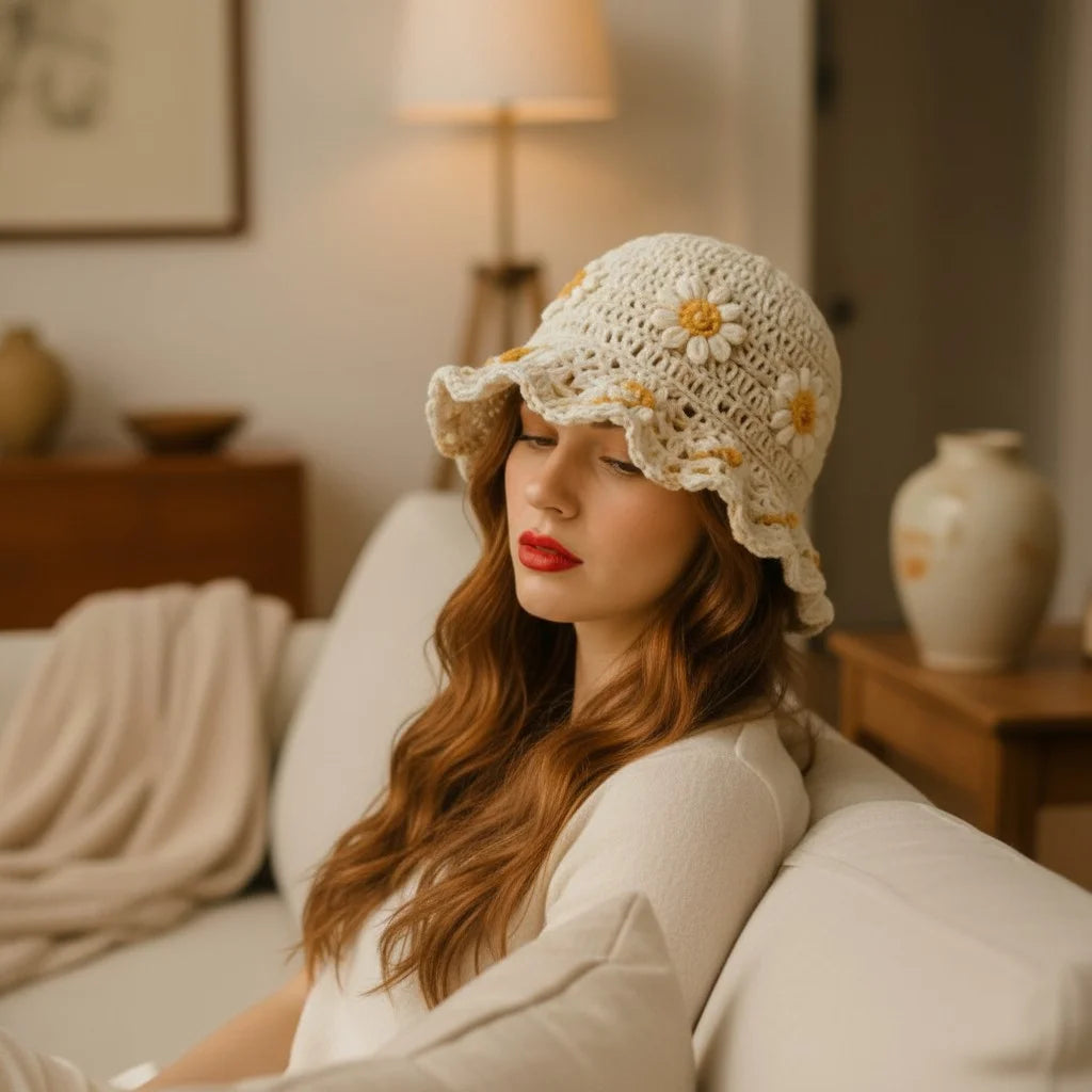 daisy crochet bucket hat boho floral summer hat women