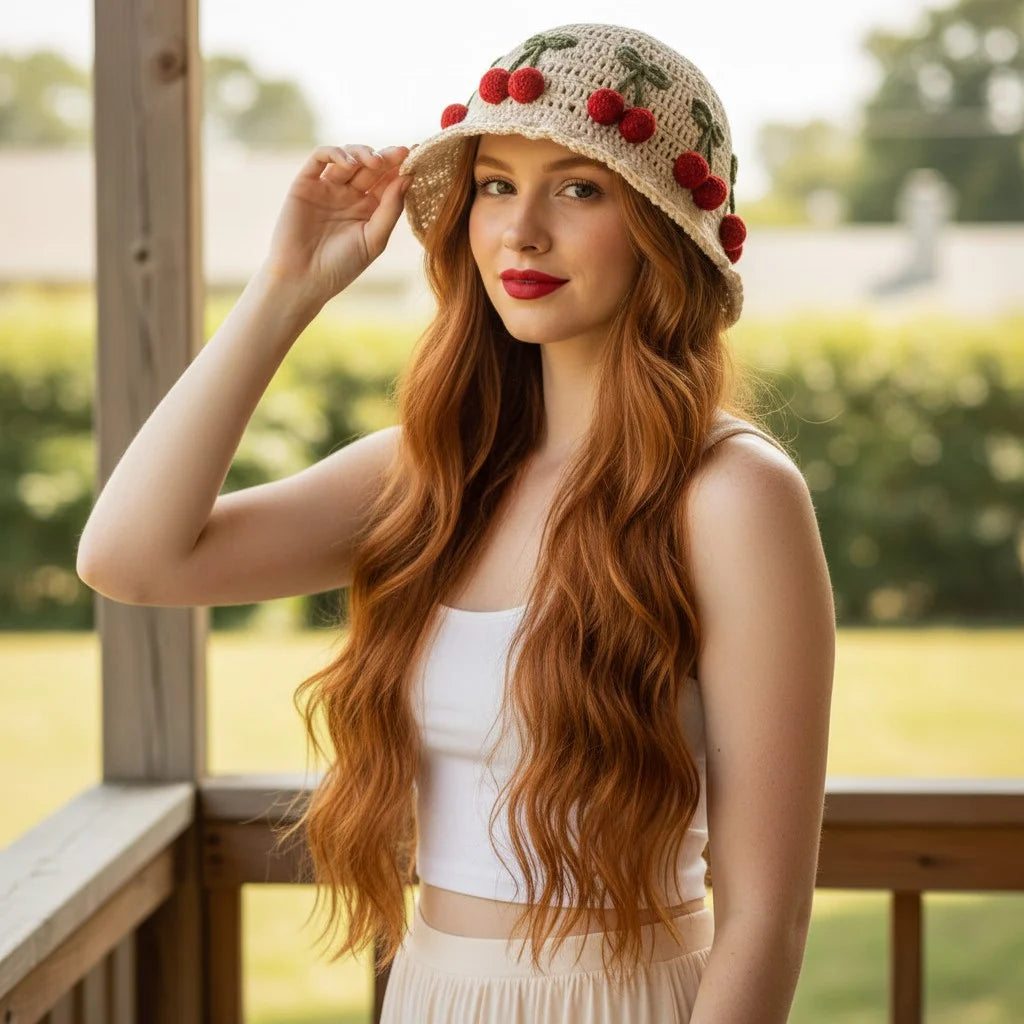 cherry crochet bucket hat cute boho summer cap