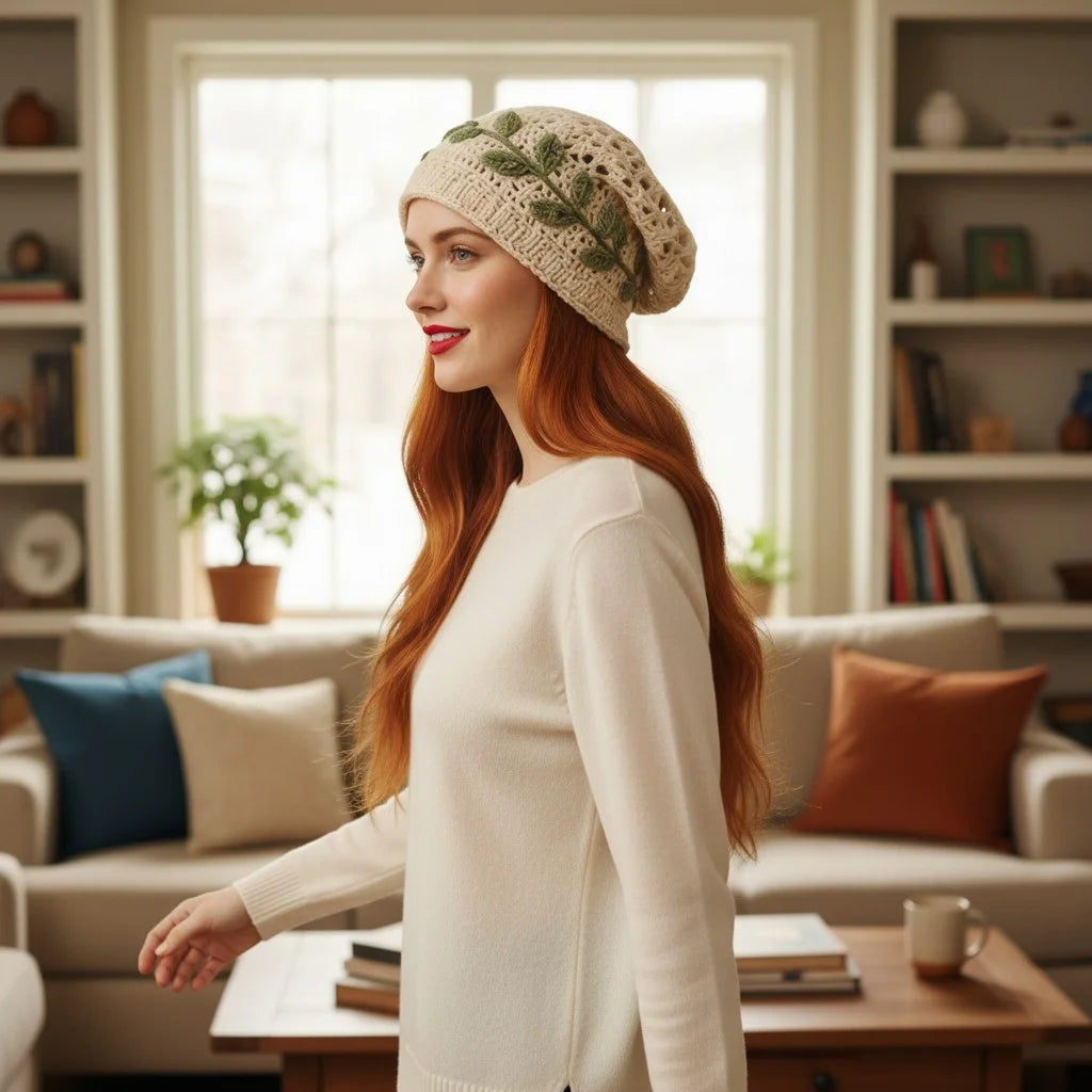 leaf crochet slouchy beanie boho knit winter hat women