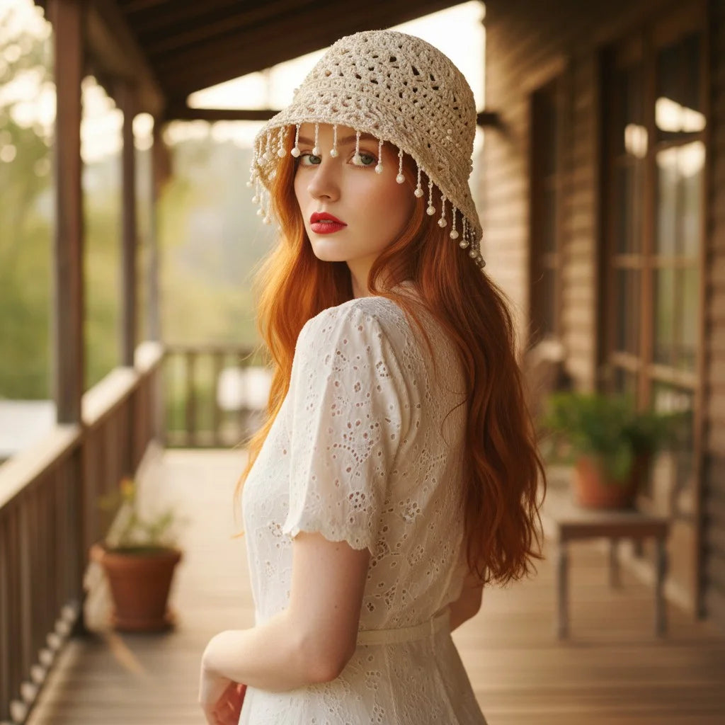 pearl crochet bucket hat elegant boho summer cap