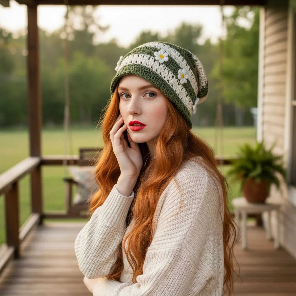 green crochet daisy beanie hat boho slouchy crochet cap