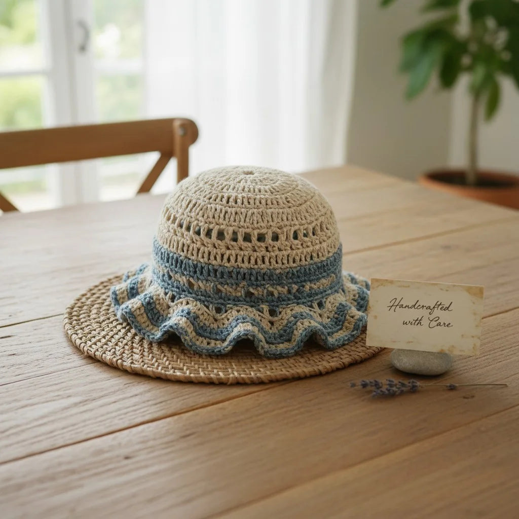 blue ruffle crochet bucket hat boho summer crochet cap
