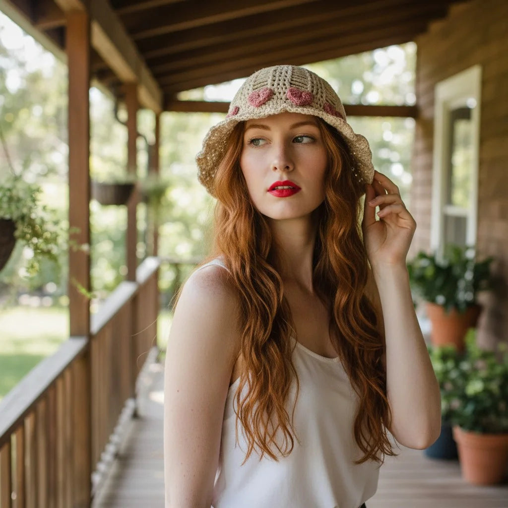 heart crochet bucket hat cute boho summer cap