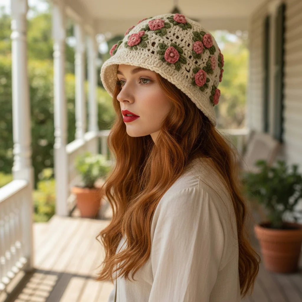 floral crochet bucket hat boho rose summer hat women