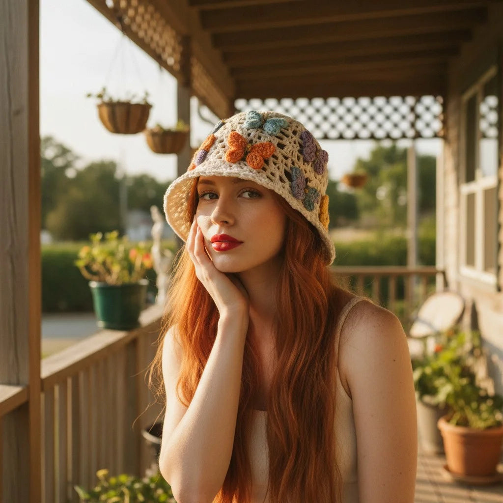 butterfly crochet bucket hat boho summer cap women