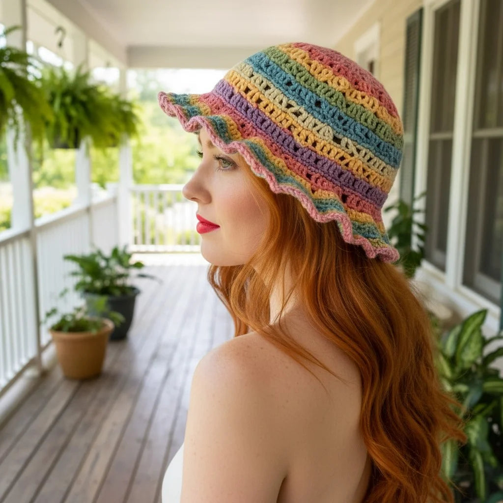 pastel crochet bucket hat boho rainbow summer hat