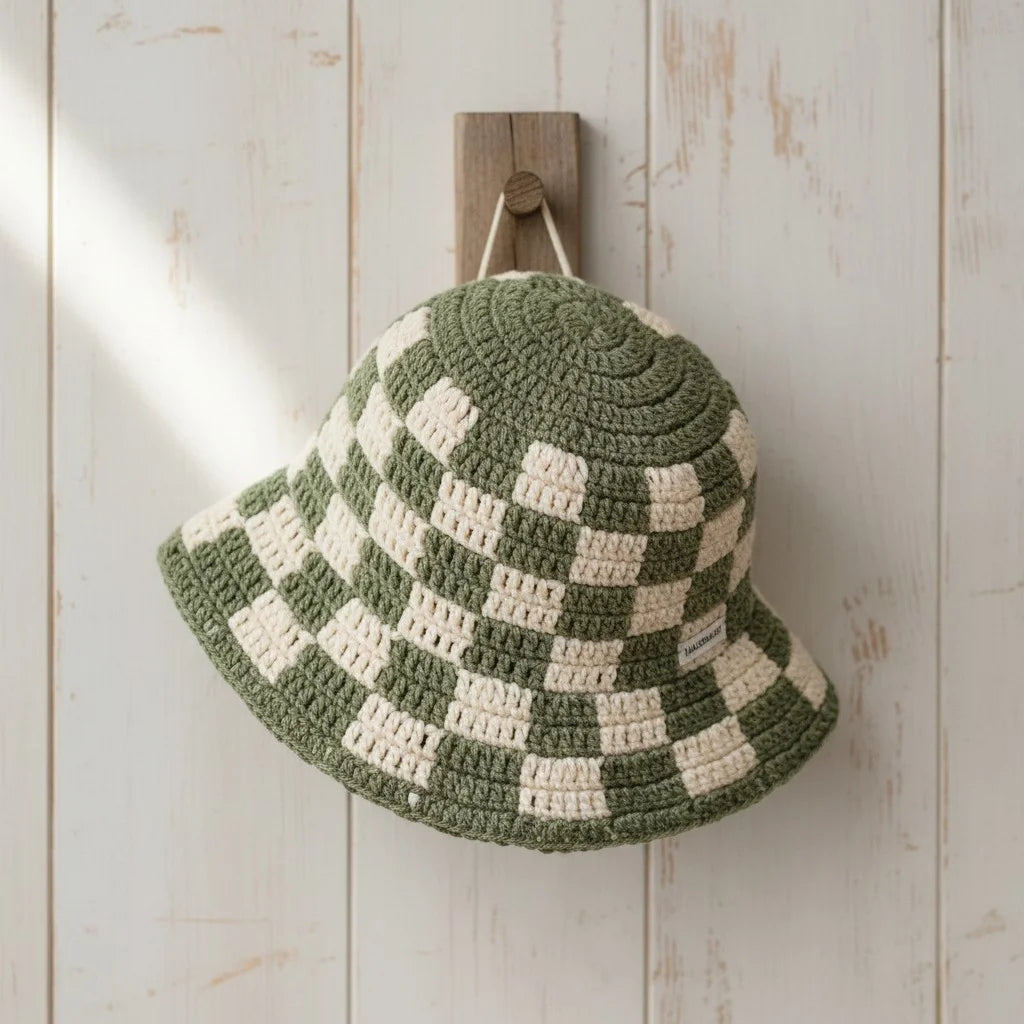 checkerboard crochet bucket hat handmade boho cap