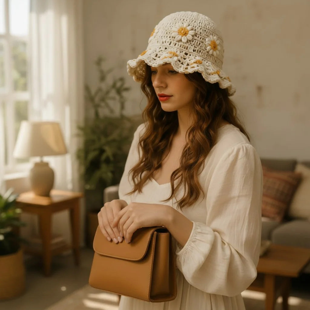 daisy crochet bucket hat boho floral summer hat women