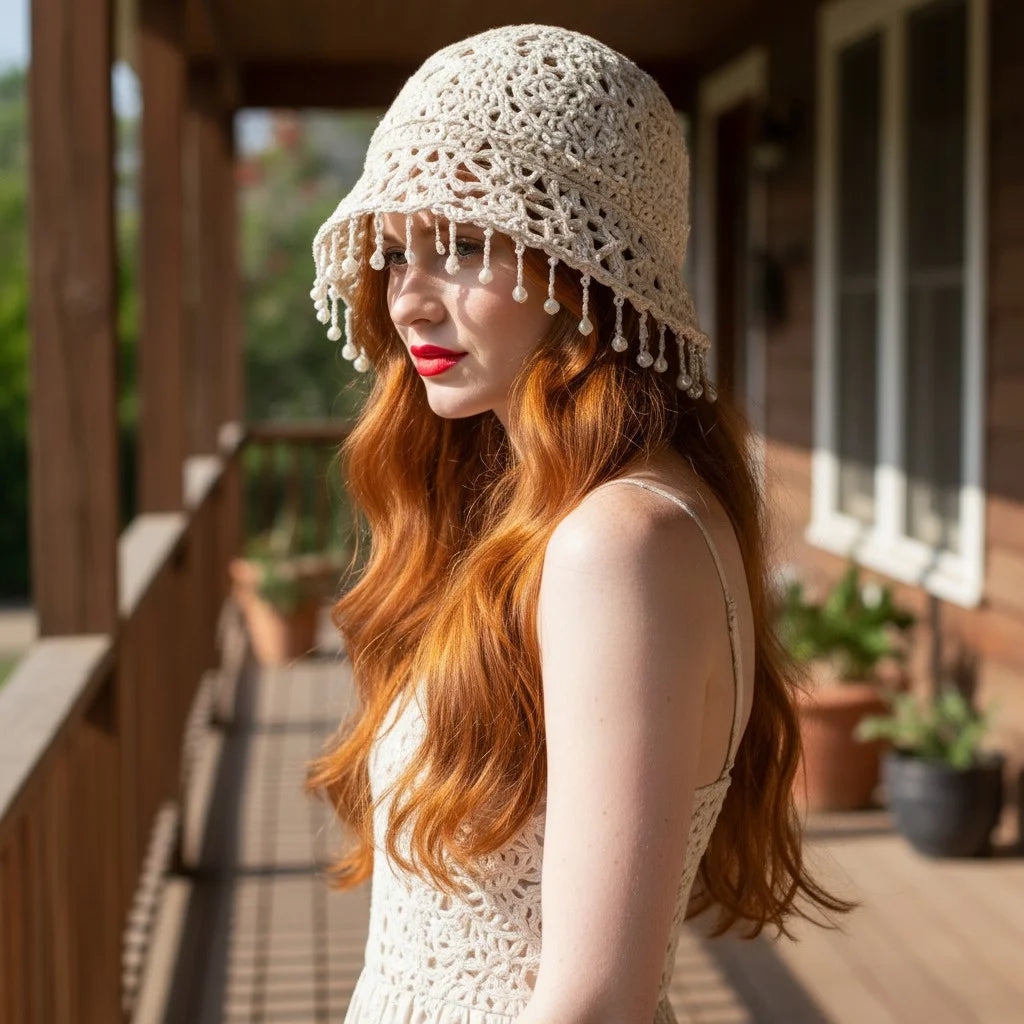 pearl crochet bucket hat elegant boho summer cap