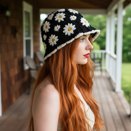 black daisy crochet bucket hat floral cottagecore hat