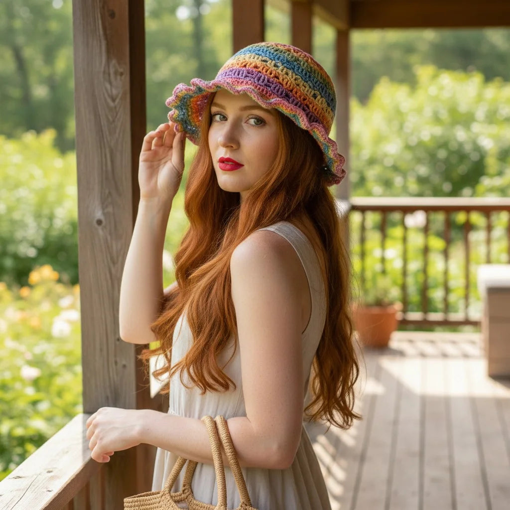 pastel crochet bucket hat boho rainbow summer hat