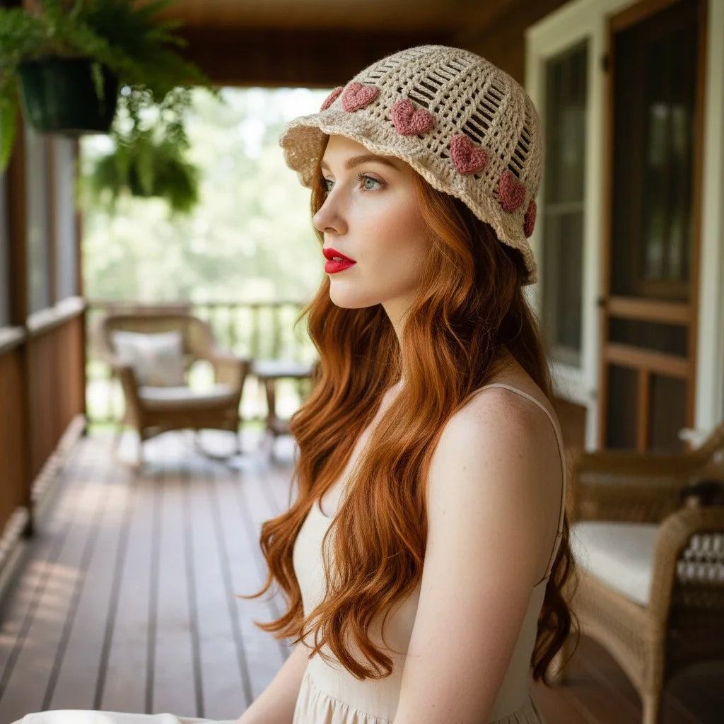 heart crochet bucket hat cute boho summer cap
