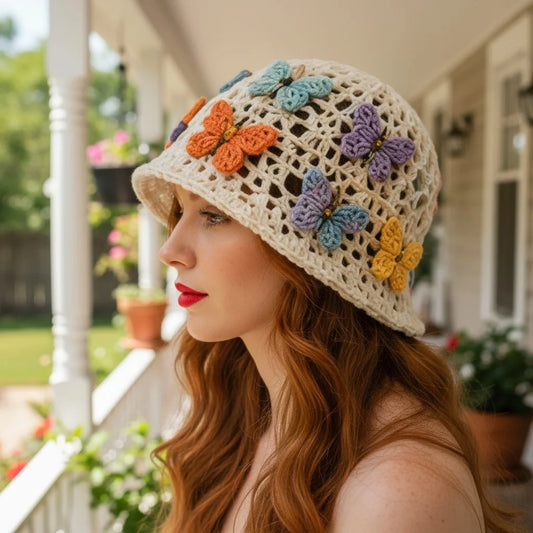 butterfly crochet bucket hat boho summer cap women