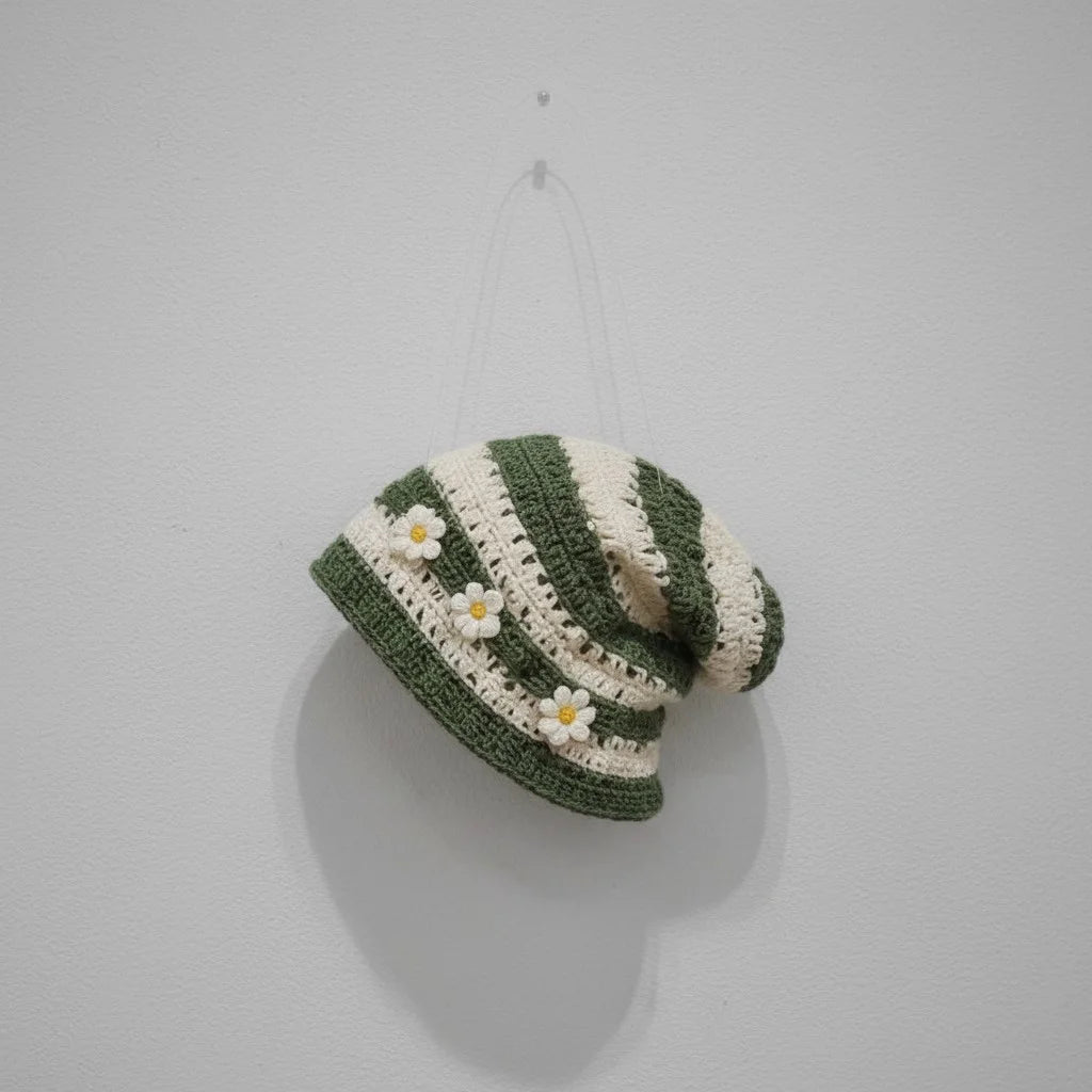 green crochet daisy beanie hat boho slouchy crochet cap
