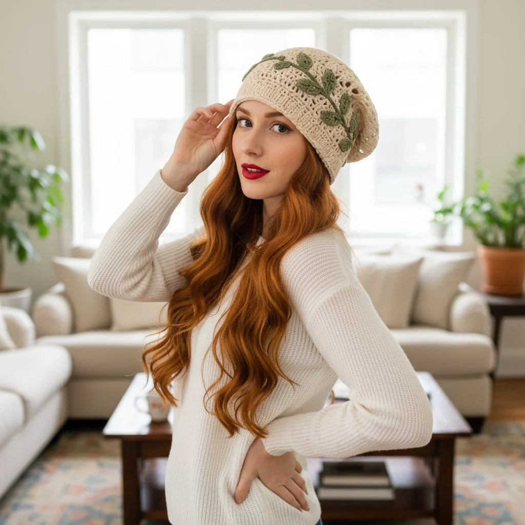 leaf crochet slouchy beanie boho knit winter hat women