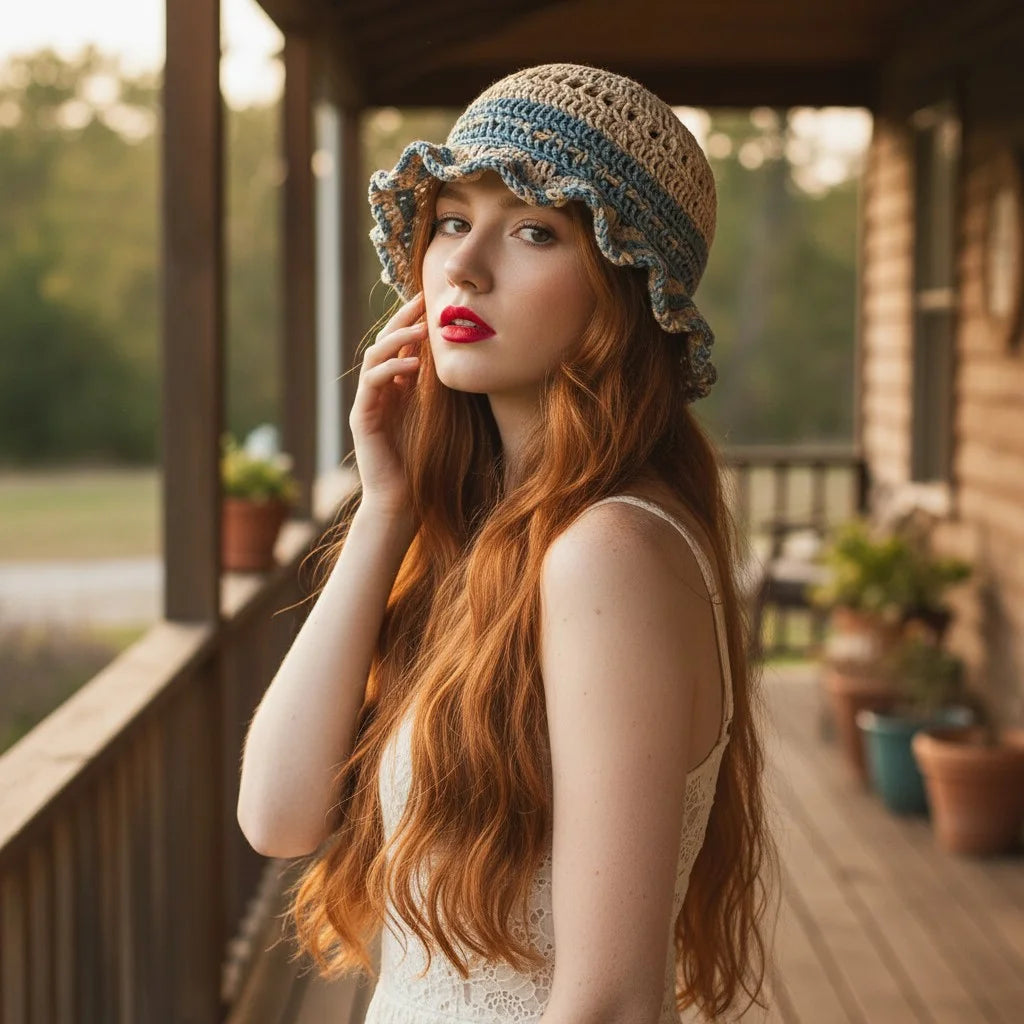 blue ruffle crochet bucket hat boho summer crochet cap