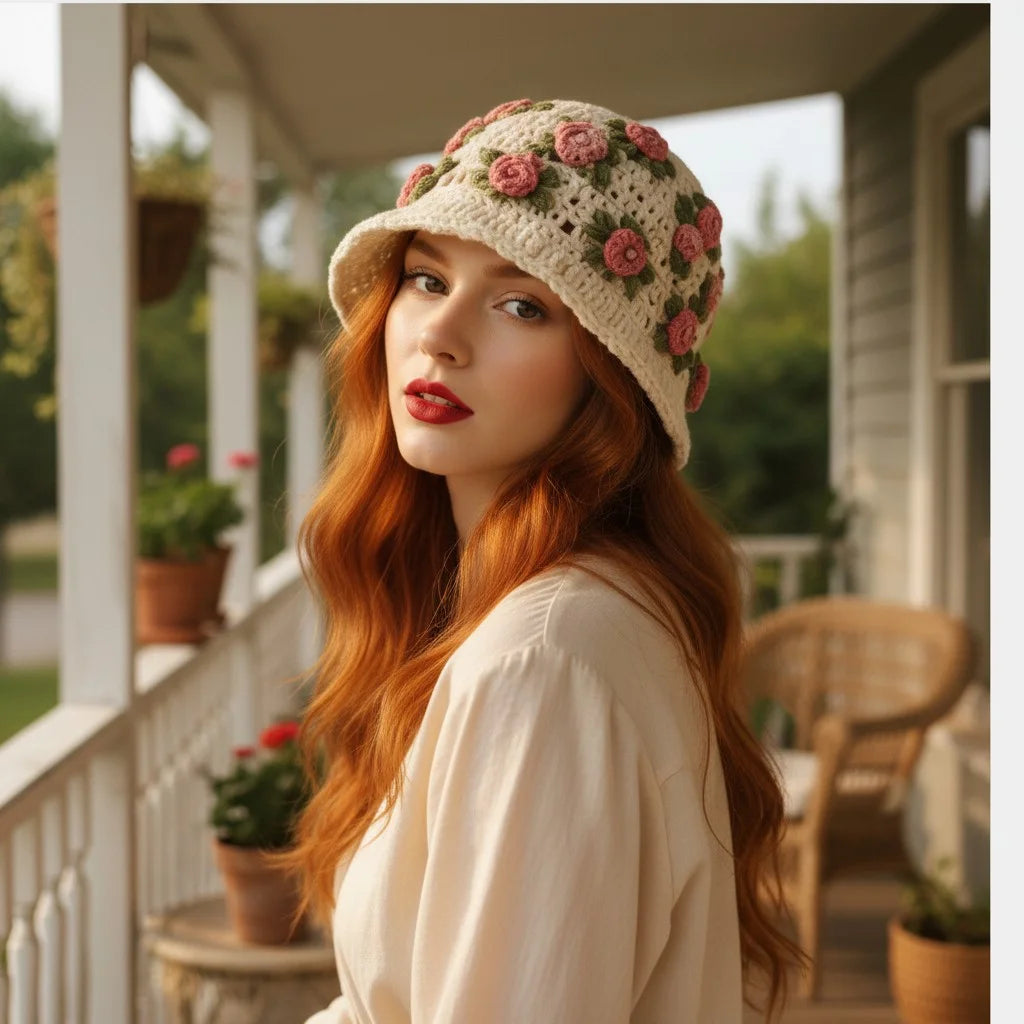 floral crochet bucket hat boho rose summer hat women