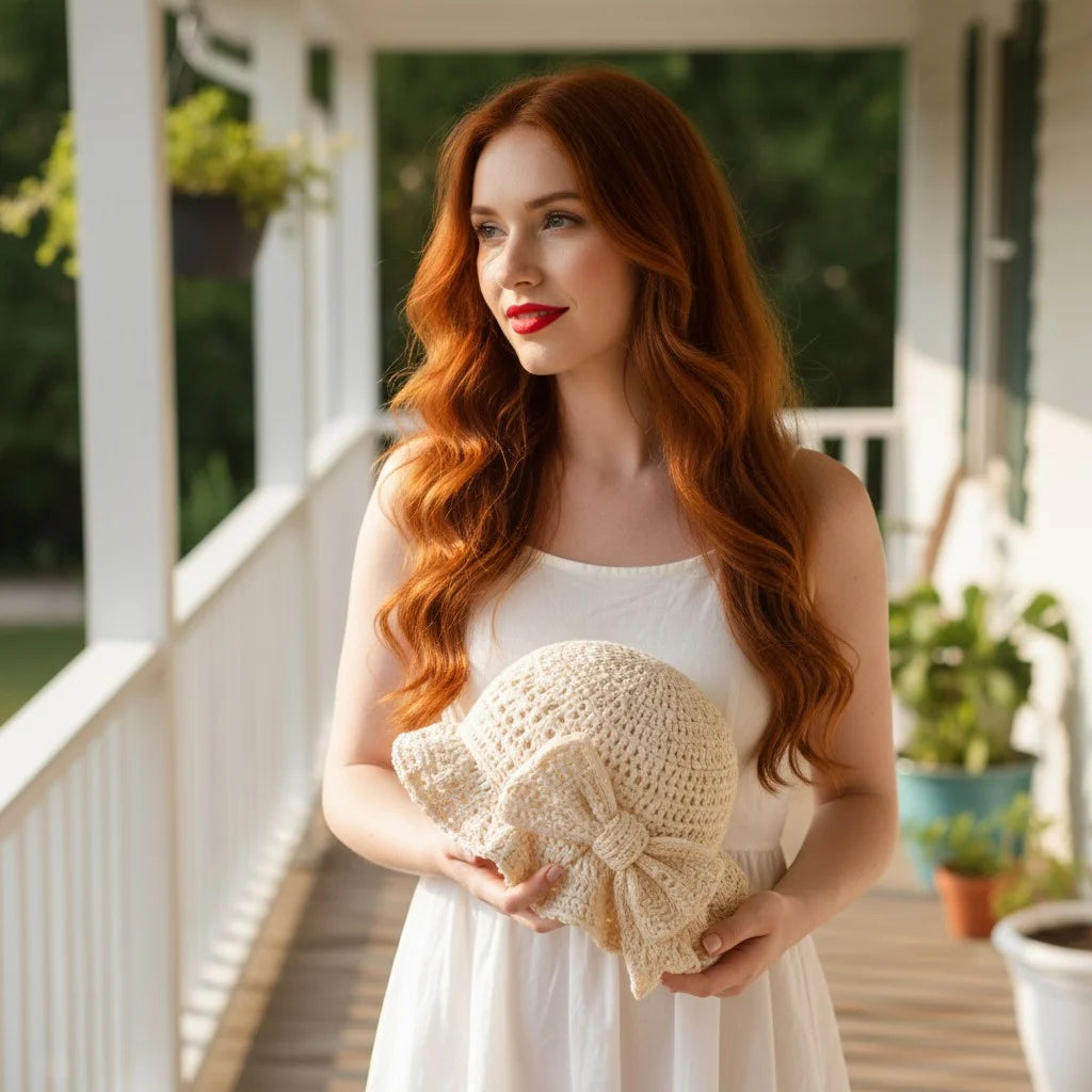 cream crochet bow bucket hat coquette summer crochet hat