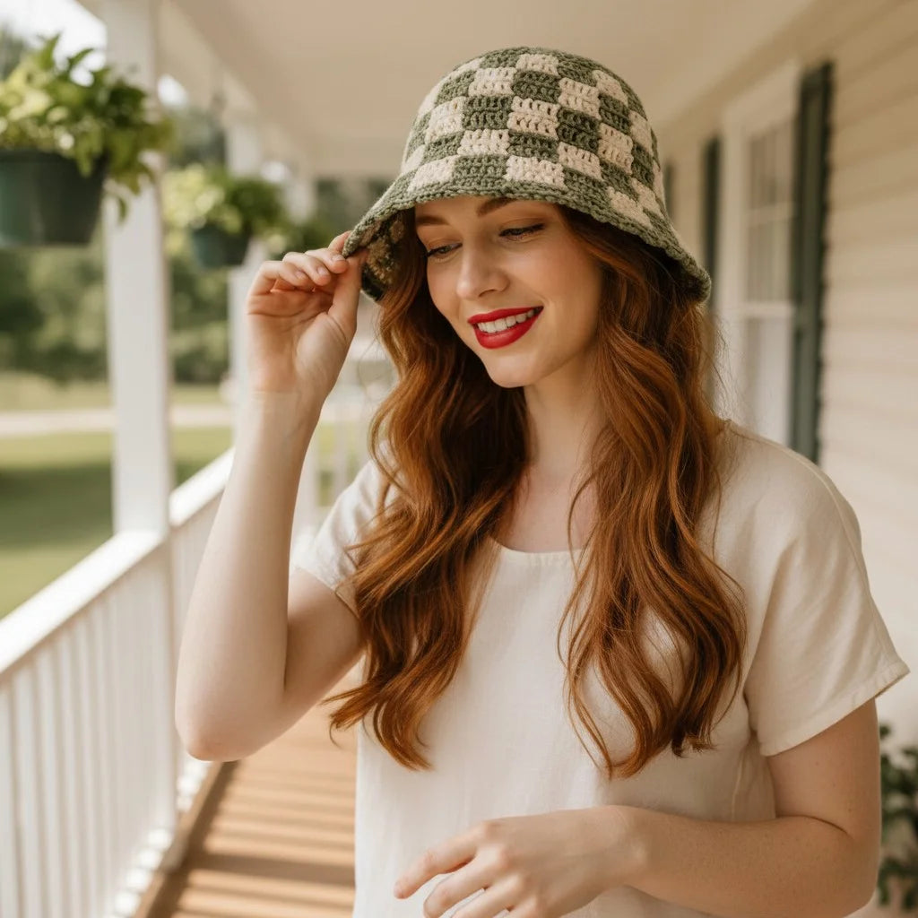 checkerboard crochet bucket hat handmade boho cap